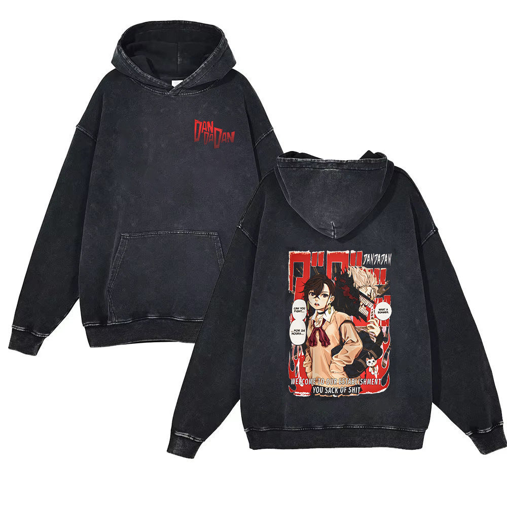 Vintage Anime Print Washed Loose Hoodie