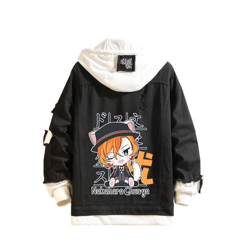 Casual Anime Print Hooded Denim Jacket