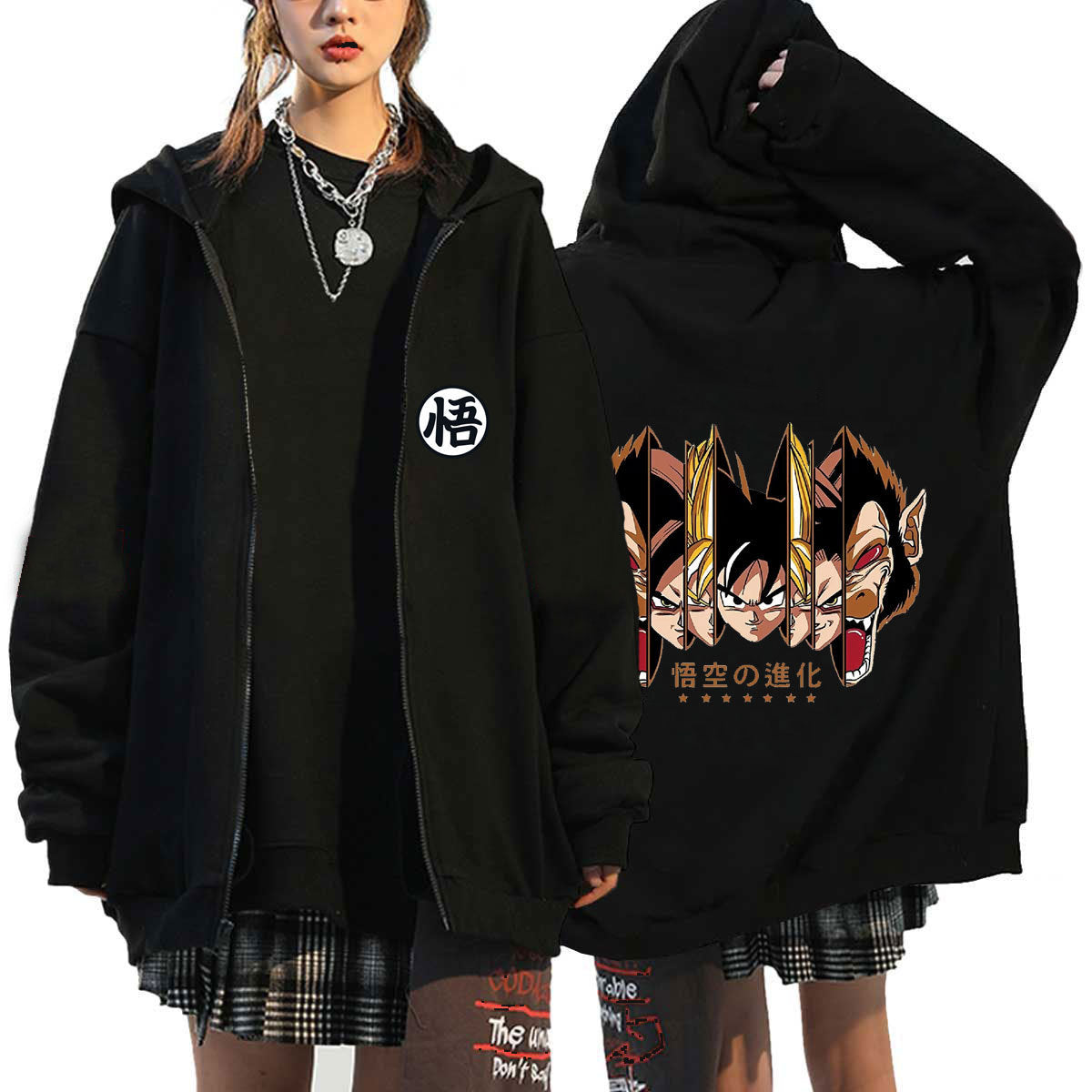 Versatile Anime Printed Zipper Black Hoodie