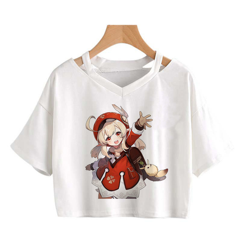 Cute Girls Hutao Game Print Cropped T-shirt