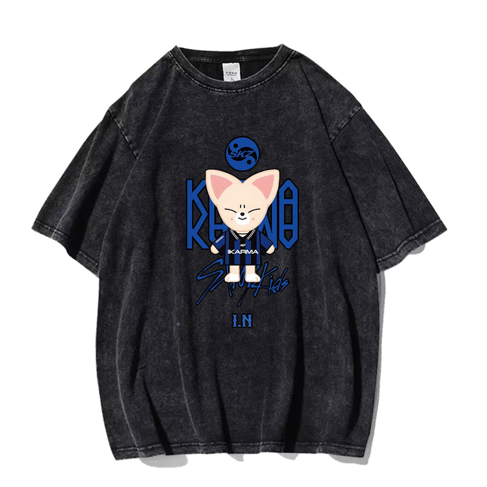 KPOP Wolf Chan Bbokari Pattern Washed T-shirt