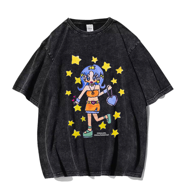 Versatile MINJI Graphic Washed T-shirt Top