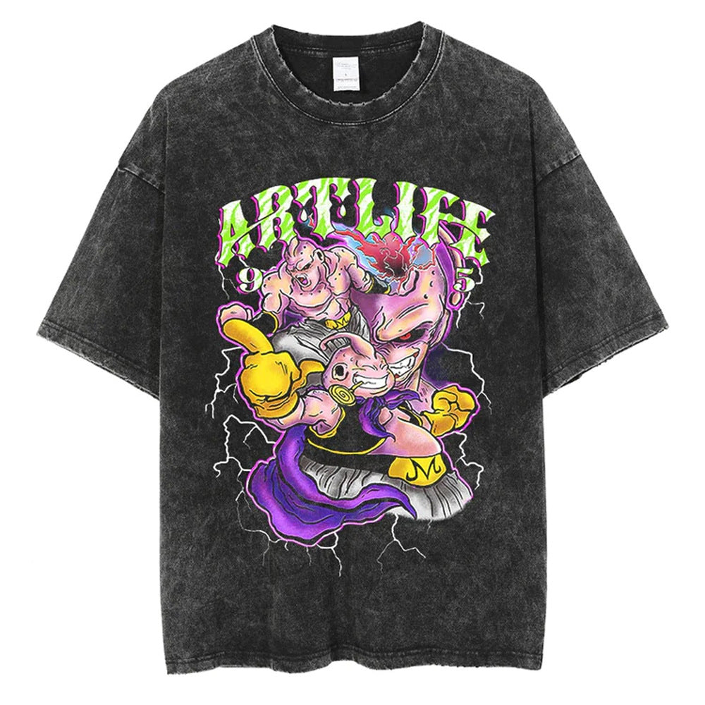 Vintage Washed Anime Print Casual T-shirt