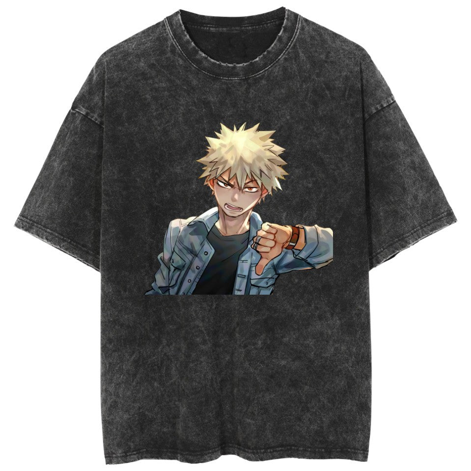 Trendy Anime Pattern Crew Neck Washed T-Shirt