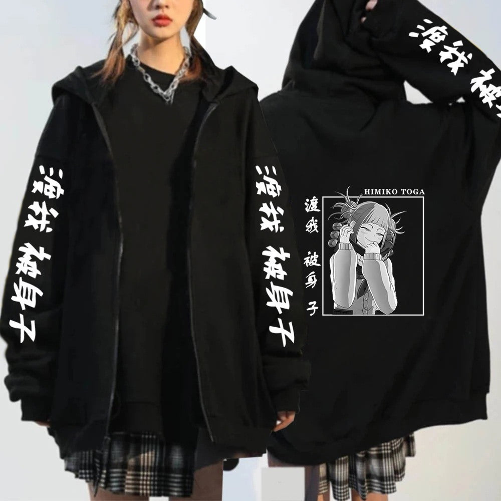 Unisex Anime Printed Black Zipper Loose Hoodie