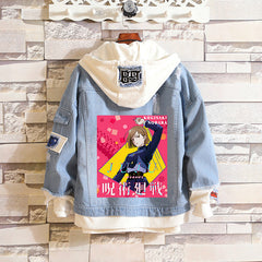 Unisex Anime Fake Two-piece Hooded Denim Jacket