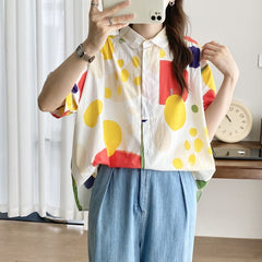 Japanese Mori Graffiti Color Print Loose Short Sleeve Shirt