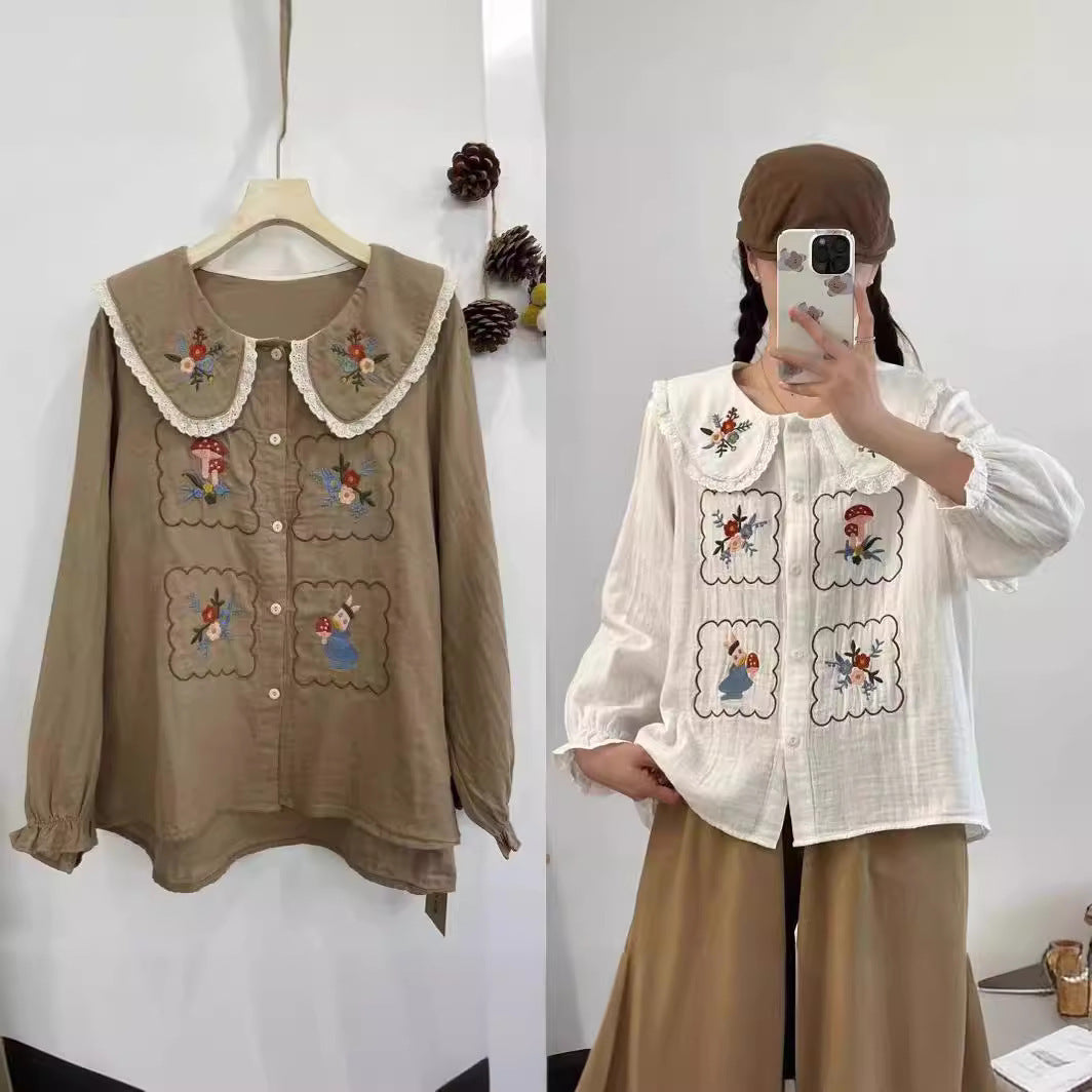 Sweet Doll Neck Embroidered Loose Lace Shirt