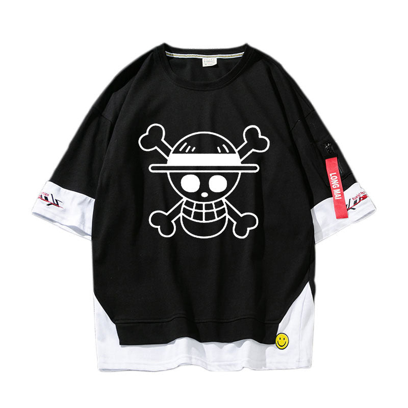 Trendy Anime Luffy Fake Two Piece Short-sleeved T-shirt