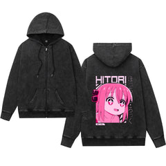 Vintage BOCCHI Print Washed Zipper Hoodie