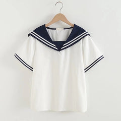 Japanese Style Navy Collar Striped Short-sleeved Shirt