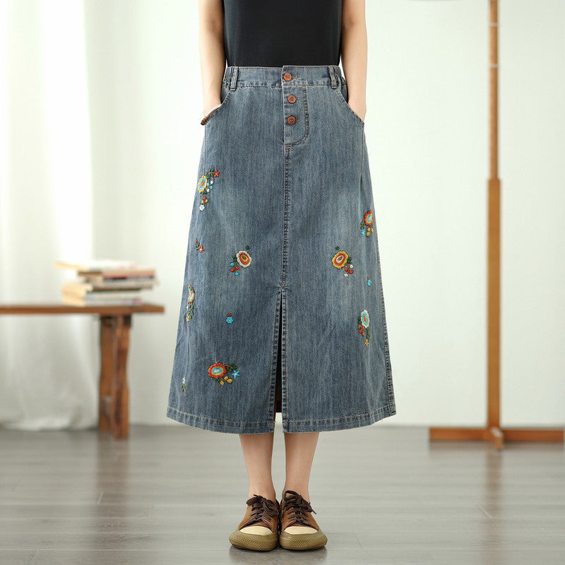 Floral Embroidered Elastic Waist Button Denim Skirt