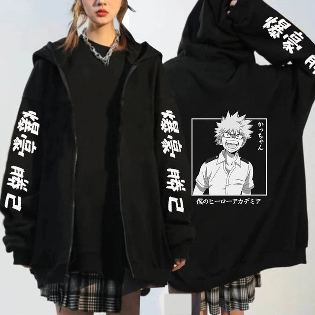 Unisex Anime Printed Black Zipper Loose Hoodie