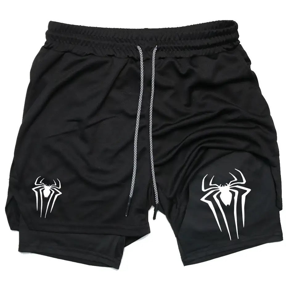 Casual Spider Print Double-layer Sports Fitness Shorts