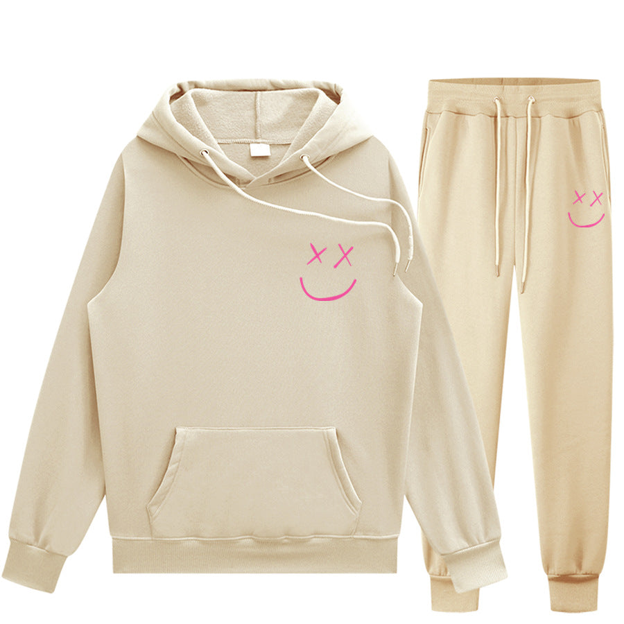 Unisex Smiley Face Print Pullover Hoodie Trendy Sweatpants Set