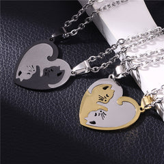 Yin Yang Cat Perfect Matching Couple Heart Necklace Set