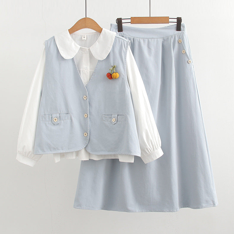 Casual Thin Vest Doll Collar Shirt Skirts Three-piece Set