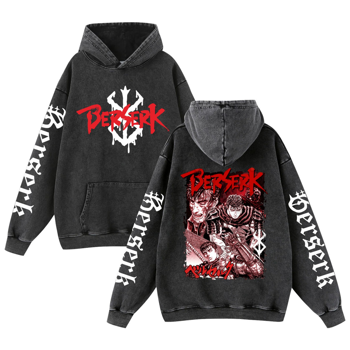 Men's Retro Anime Washed Black Loose Hoodie