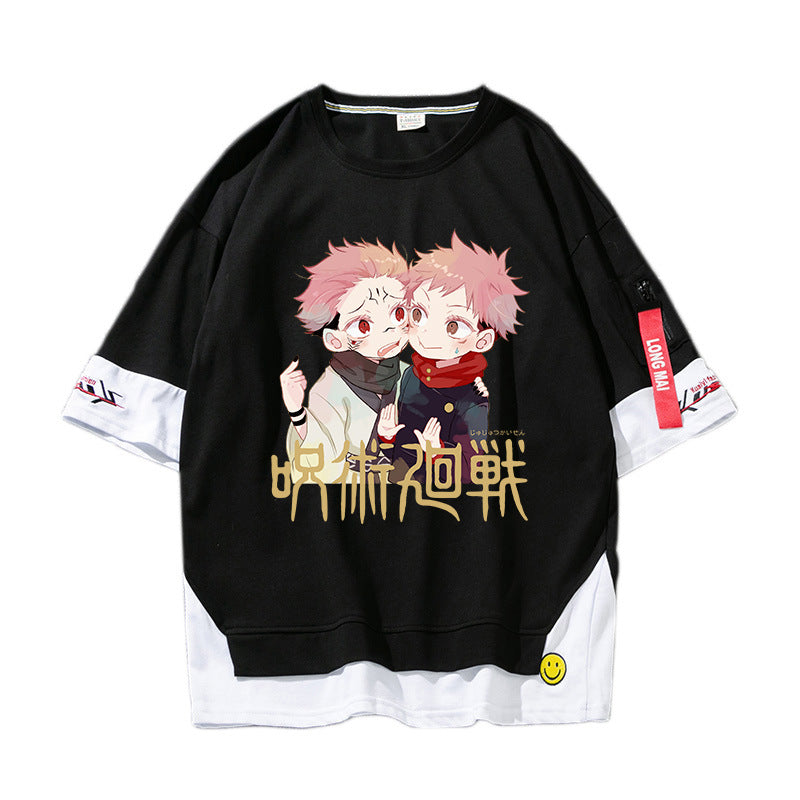 Unisex Anime Fake Two Short-sleeved Casual T-shirt