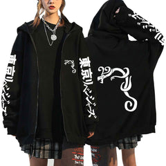 Unisex Casual Anime Print Zip Up Black Hoodie