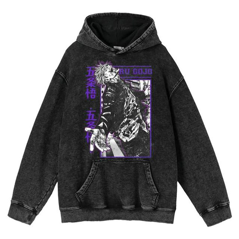 Unisex Vintage Washed Anime Printed Loose Hoodie