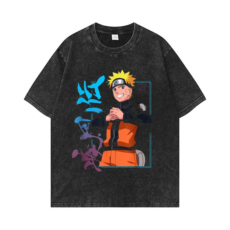 Unisex Washed Anime Graphic Loose T-shirt