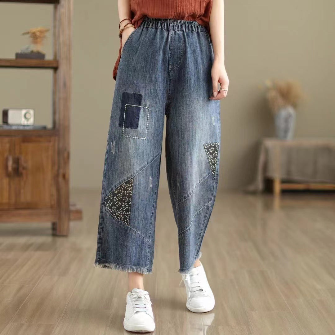 Women's Floral Embroidered Elastic Waist Jeans