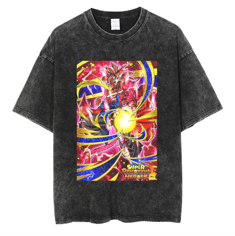 Vintage  Anime Washed Printed Short-sleeved T-shirt