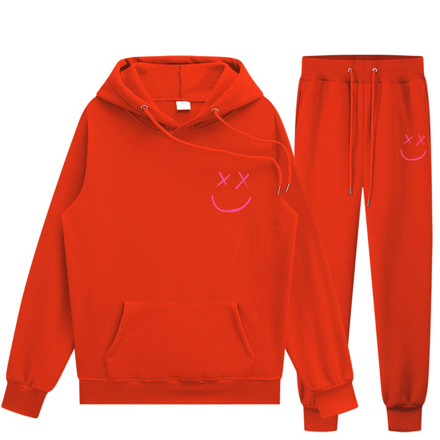 Unisex Smiley Face Print Pullover Hoodie Trendy Sweatpants Set