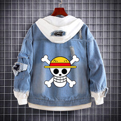 Unisex Luffy Graphic Print Hooded Denim Jacket