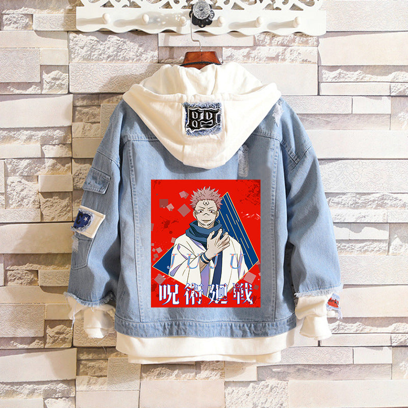 Unisex Anime Fake Two-piece Hooded Denim Jacket