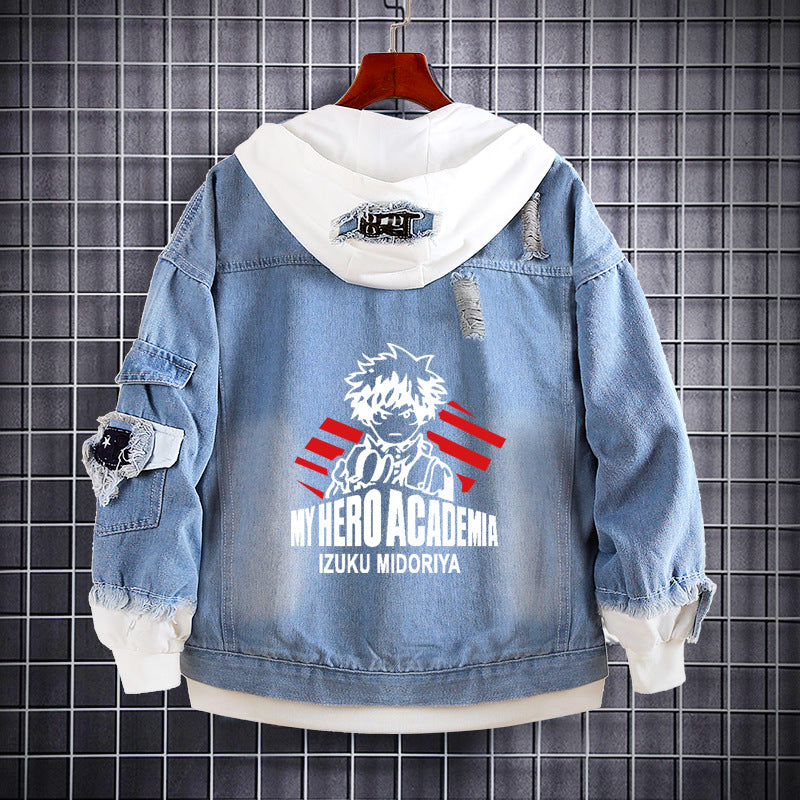 Unisex Anime Printed Hooded Denim Jacket