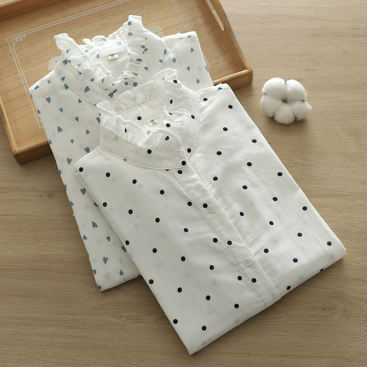 Korean Style Standing Collar Printed Cotton Shirt