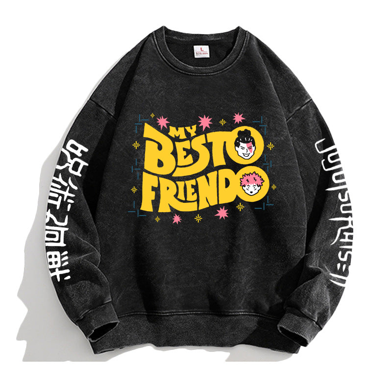 Vintage Washed Round Neck Anime Printed Sweatshirt