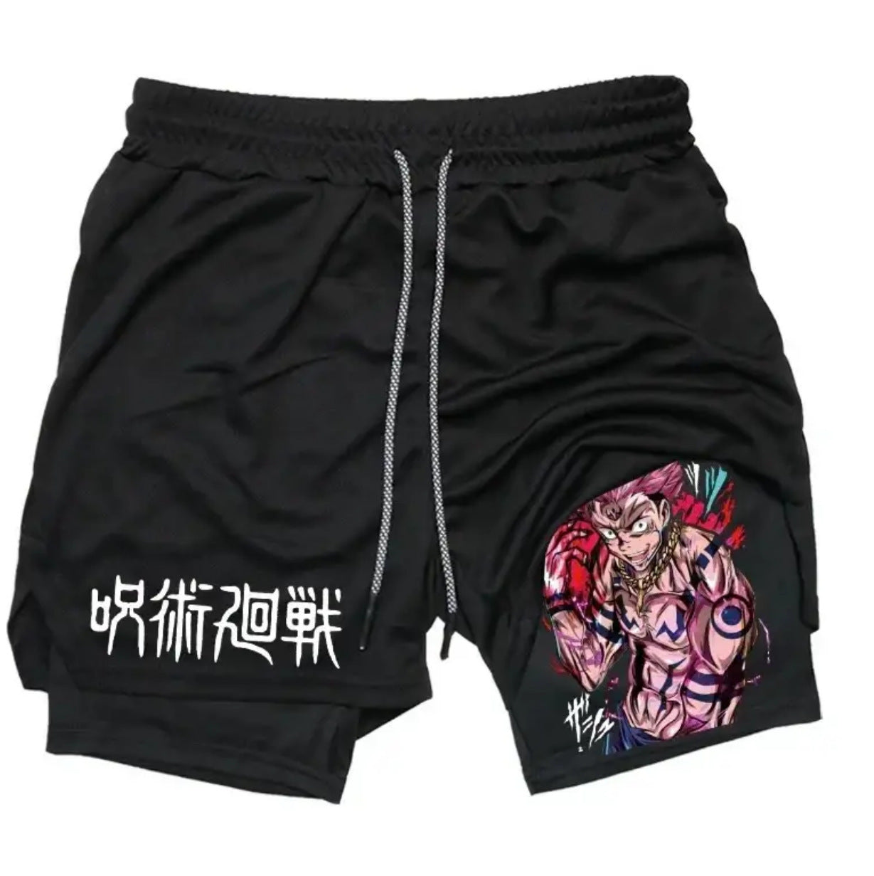 Men's Summer Anime Printed Double-layer Fitness Shorts