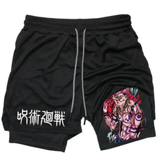 Men's Summer Anime Printed Double-layer Fitness Shorts