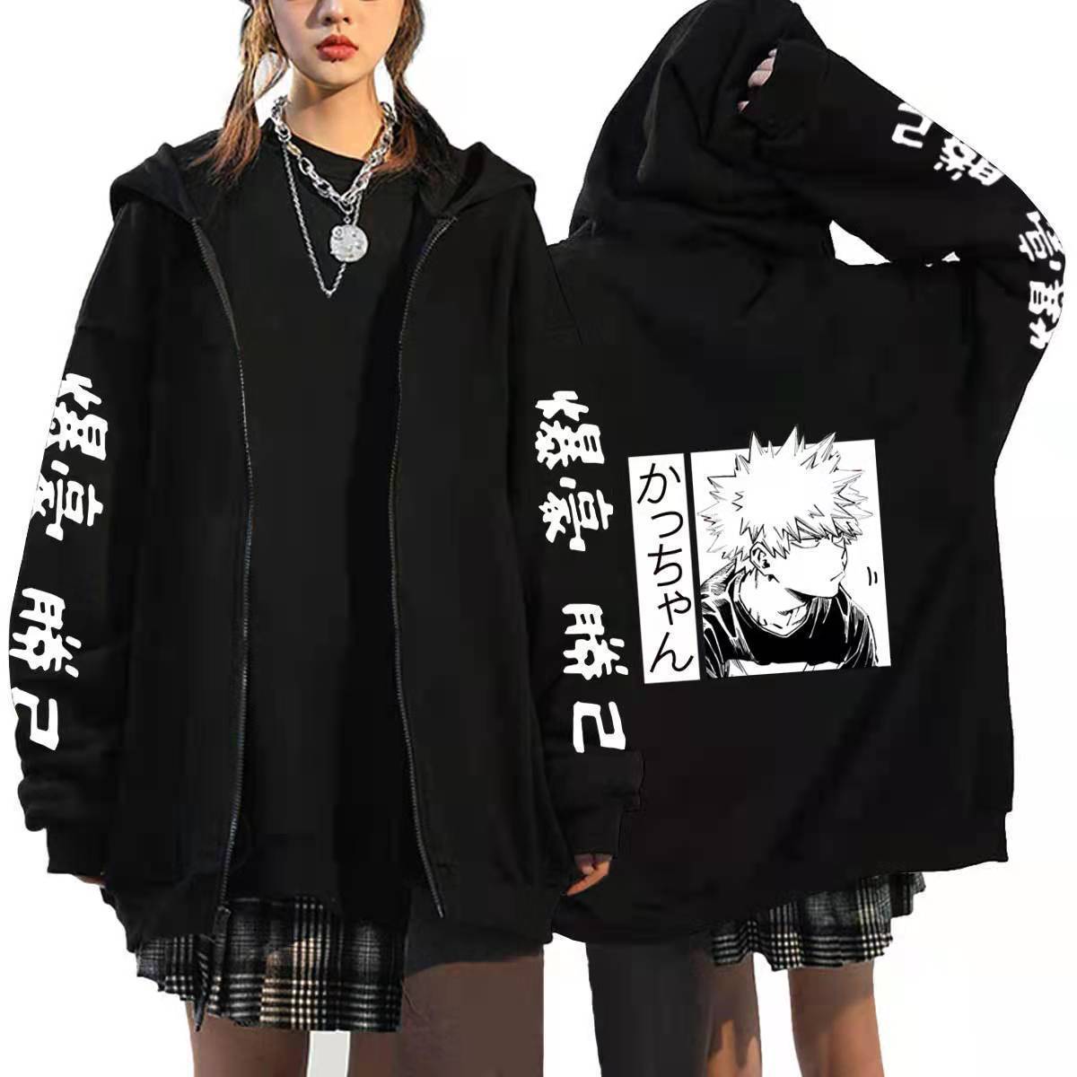 Unisex Anime Printed Black Zipper Loose Hoodie