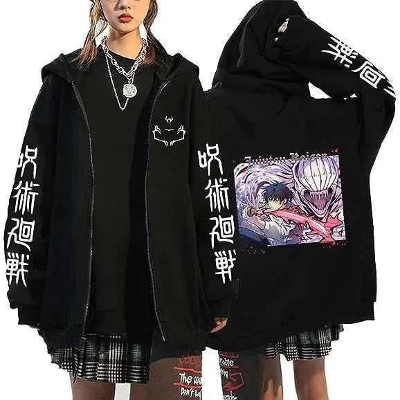 Unisex Trendy Anime Gojo Print Zip Up Hoodie