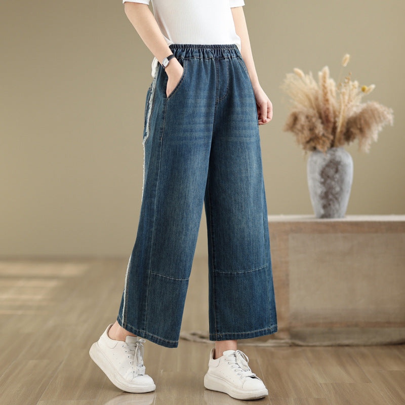Women's Floral Embroidered Elastic Waist Jeans