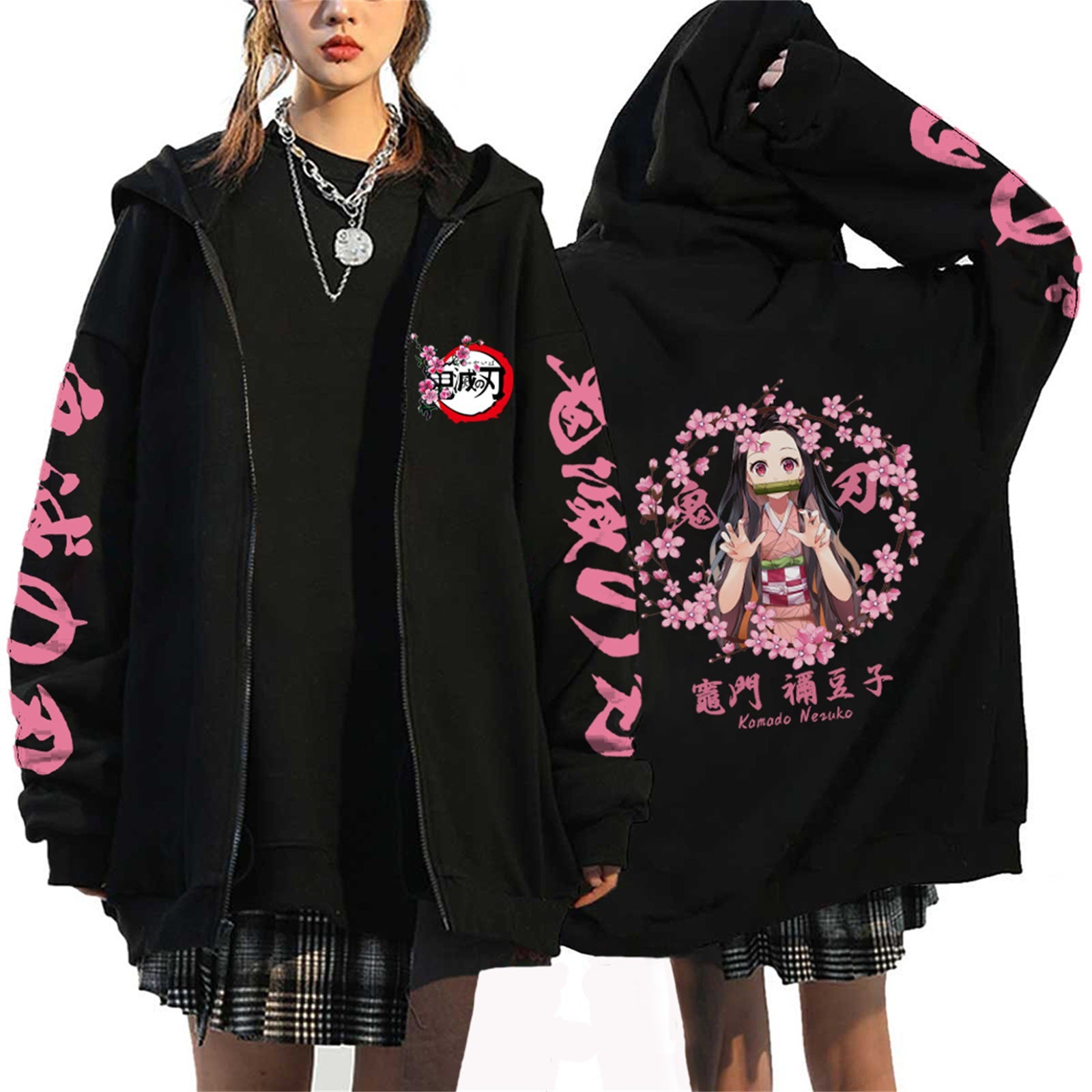 Unisex Anime Printed Black Zipper Hoodie