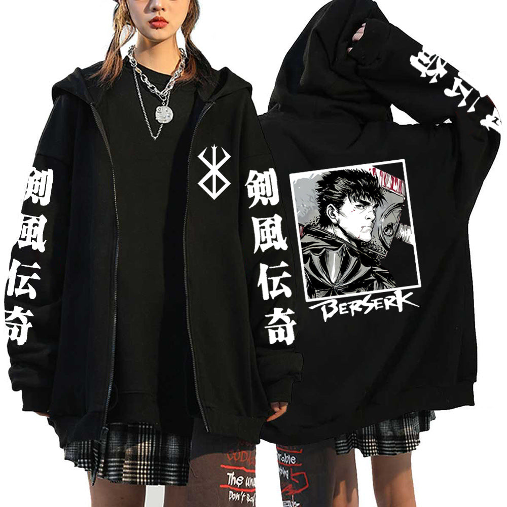 Unisex Anime Printed Black Zipper Hoodie