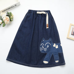 Japanese Style Cat Patch Embroidered A-line Mid Length Skirt