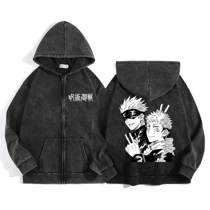 Unisex Anime Printed Washed Casual Zipper Hoodie