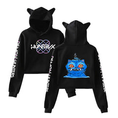 HUNTRIX Print Cat Ears Cropped Hoodie