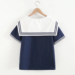 Japanese Style Navy Collar Striped Short-sleeved Shirt