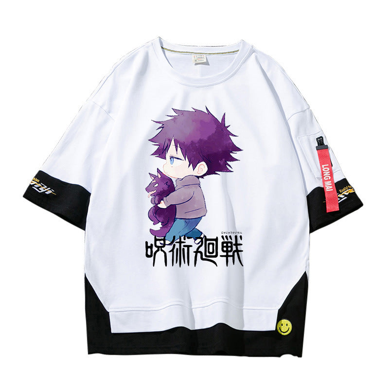 Unisex Anime Fake Two Short-sleeved Loose T-shirt