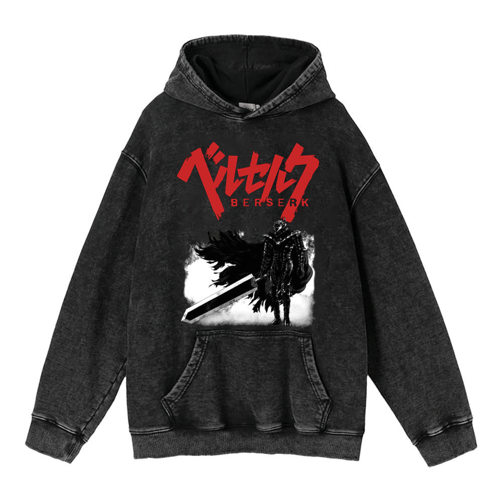 Retro Anime Washed Black Loose Hoodie