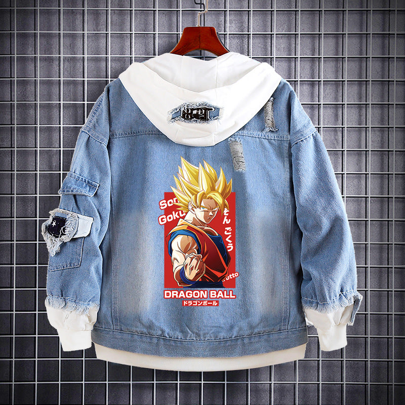 Unisex Trendy Anime Loose Fake Two Denim Jacket