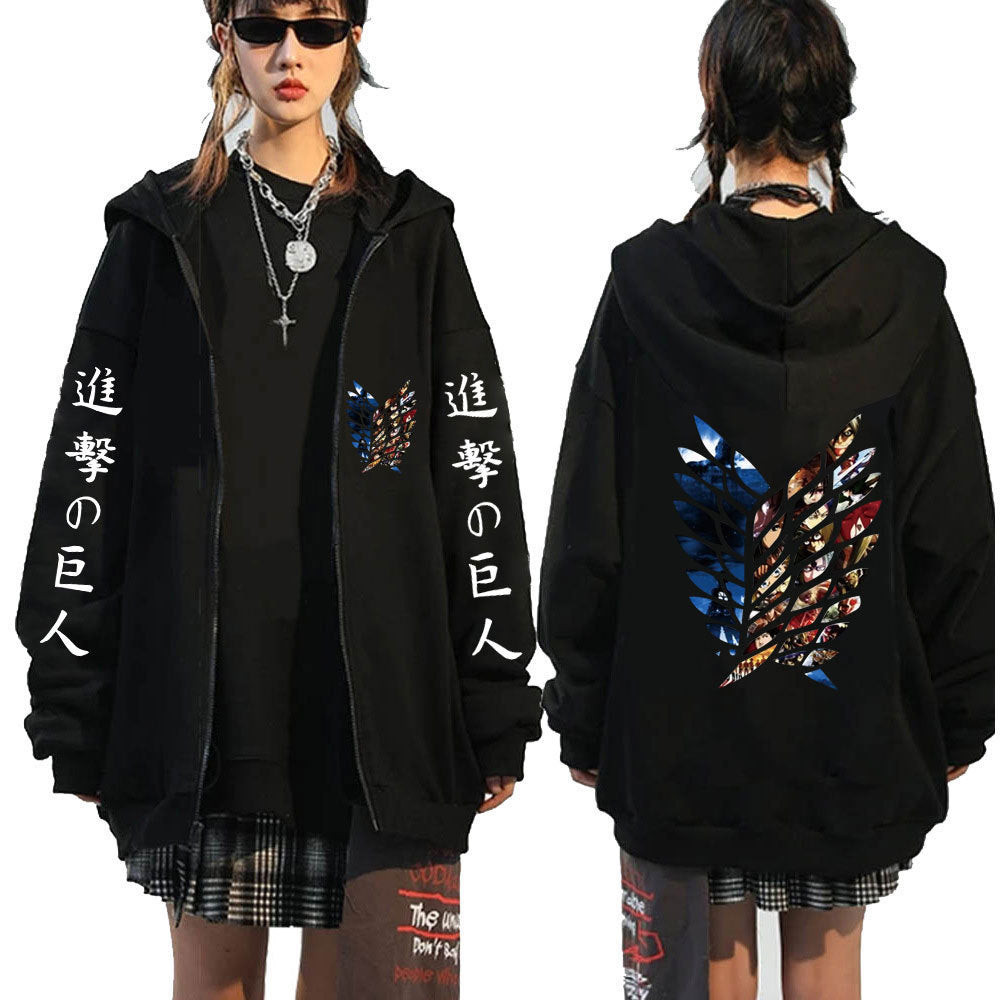 Unisex Anime Print Casual Black Zipper Hoodie