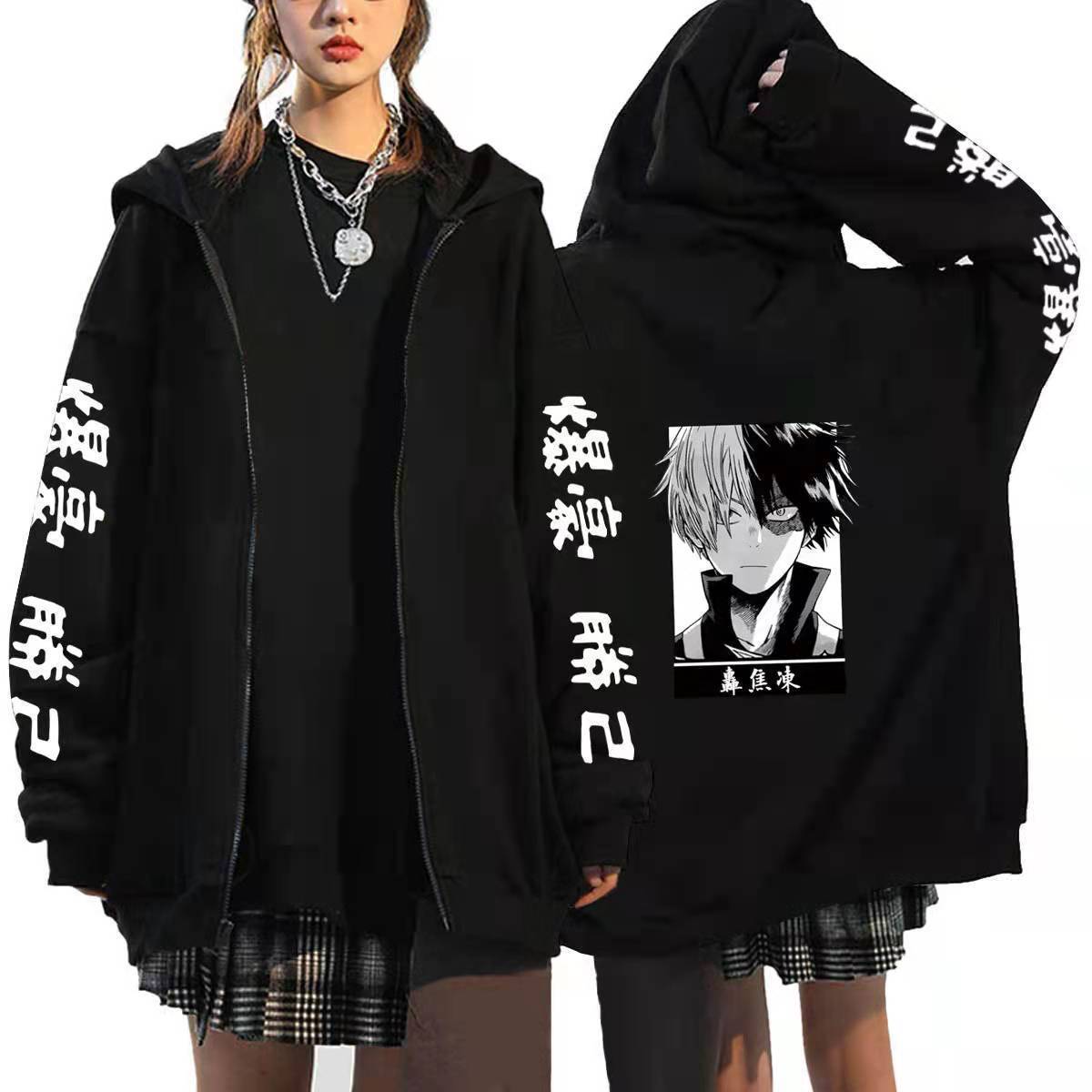 Unisex Anime Printed Black Zipper Loose Hoodie